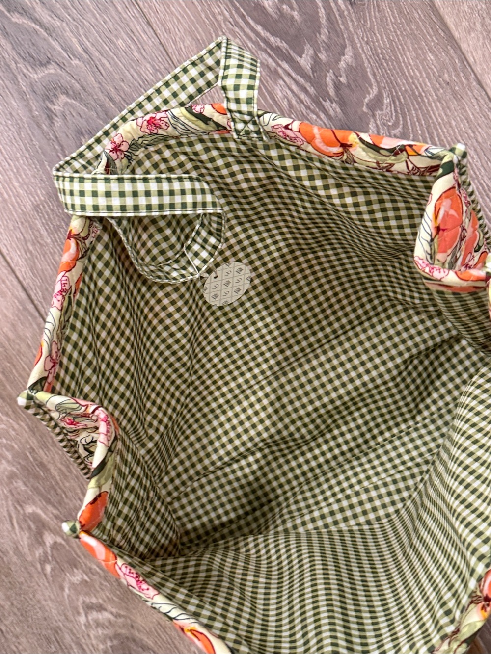 Vera Bradley Orange Peach Print Tote with Green Gingham Trim - Picture 5 of 5